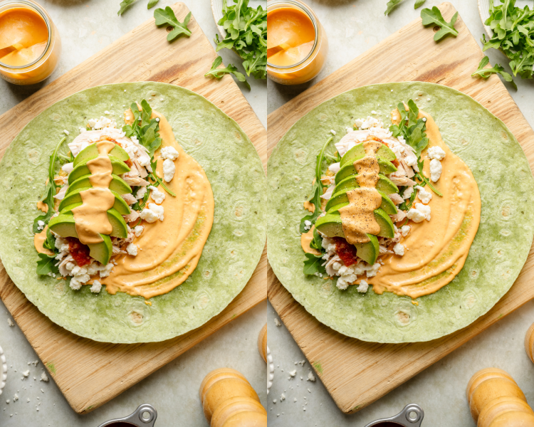 Side-by-side image of adding chipotle mayo to wrap ingredients then topping off with salt and pepper.