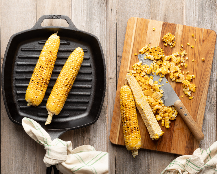 Side-by-side image of grilling corn for pasta salad and slicing it off the kernel on wood cutting board.