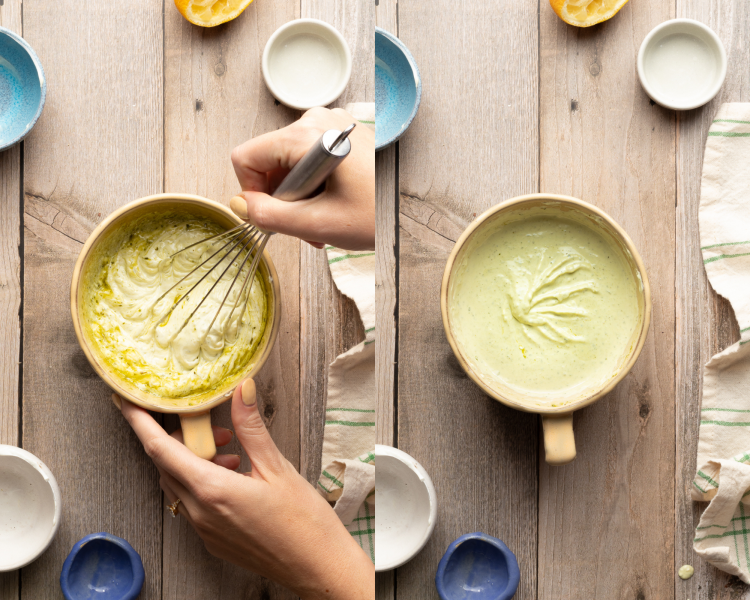 Side-by-side image of whisking pasta salad dressing ingredients together.