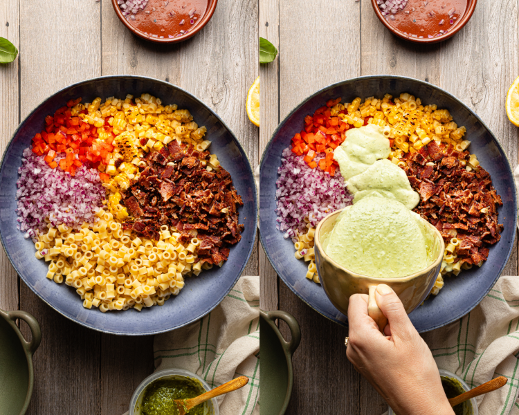 Side-by-side image of adding all the pasta salad ingredients to large blue bowl then topping with pasta salad dressing.