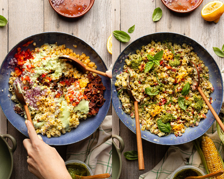 Side-by-side image of tossing pasta salad and dressing together in large blue bowl then finished pasta salad garnished with basil.