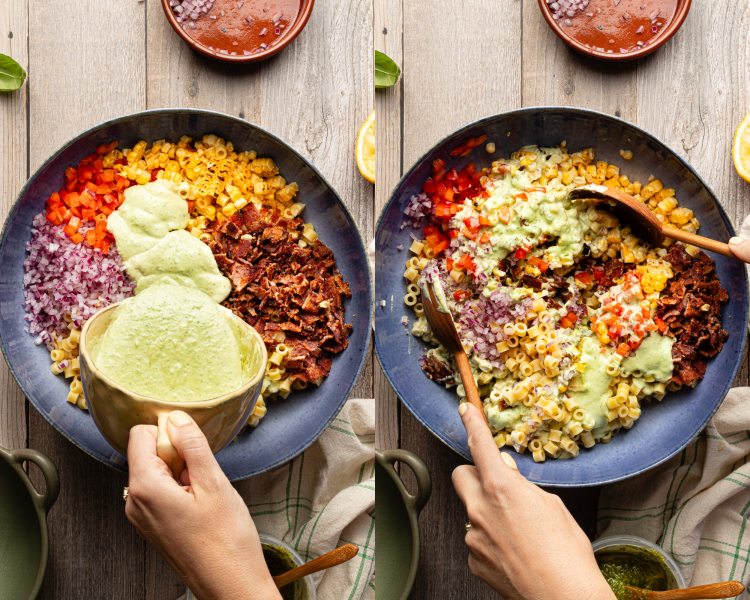 Side-by-side image of adding dressing to pasta salad ingredients then tossing together with two wooden spoons.