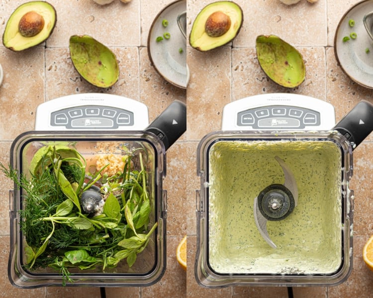 Side-by-side comparison of a blender filled with fresh herbs, avocado, and garlic on the left, and the finished creamy green goddess dressing on the right after blending.