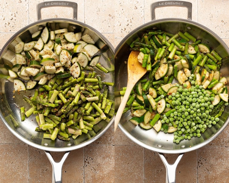 Side-by-side of a sauté pan with raw zucchini and asparagus seasoned with red pepper flakes on the left, and the same pan on the right with peas added and vegetables partially cooked.