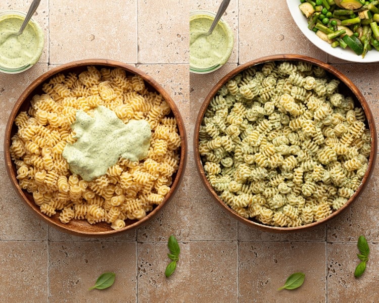 Two bowls showing the pasta before and after mixing in the creamy green goddess dressing. The left shows undressed pasta with dressing on top, and the right shows pasta fully coated in dressing.