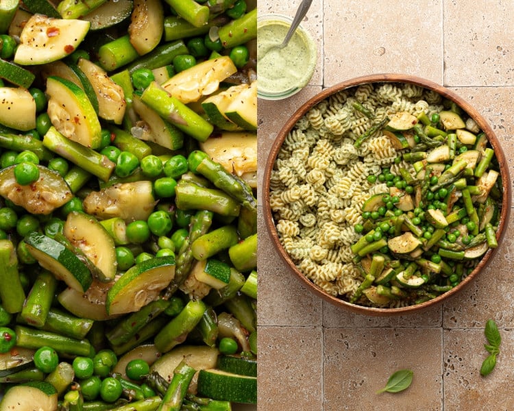 Side-by-side close-up of sautéed zucchini, peas, and asparagus on the left, and a large bowl of pasta with the vegetables being added on the right, ready for final mixing.
