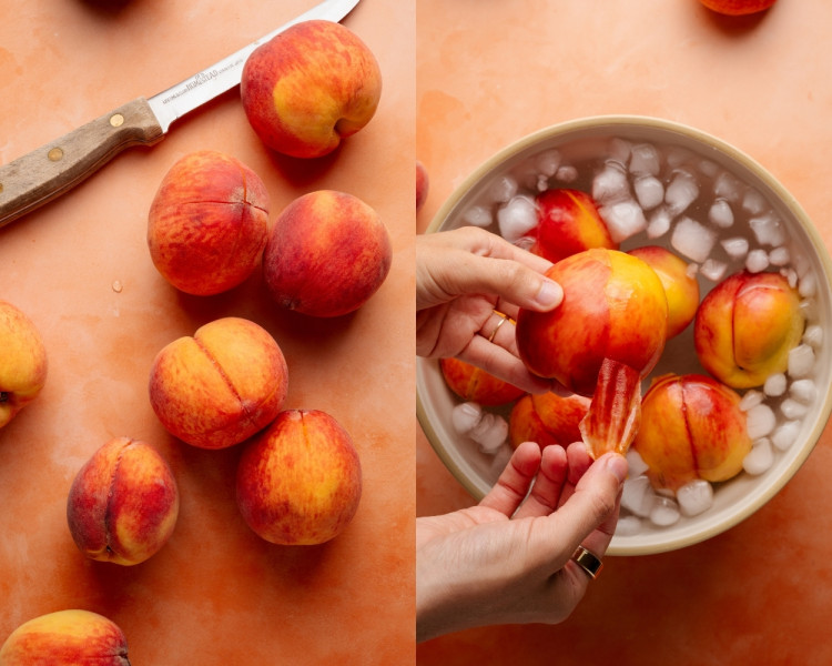 Side-by-side images: On the left, whole peaches with small "X" cuts at the base sit on a peach-colored surface next to a knife. On the right, a hand peels the skin from a peach that has been placed in an ice bath with several other blanched peaches.