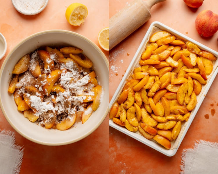 Left: A mixing bowl filled with sliced peaches topped with sugar, cornstarch, cinnamon, and nutmeg, ready to be mixed. Right: the coated peach slices are evenly layered into a rectangular baking dish lined with puff pastry.