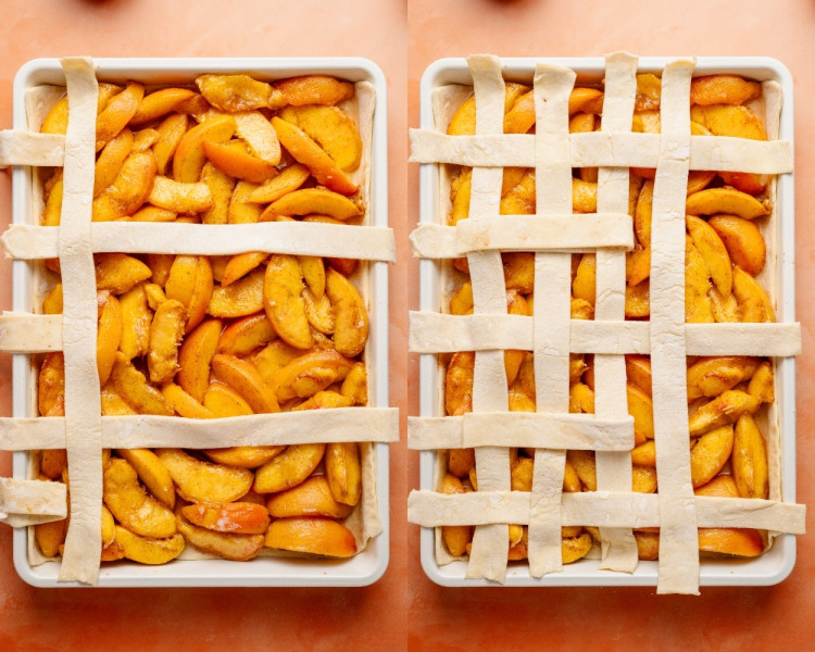 Side-by-side photos showing the start of the lattice crust. Strips of puff pastry are being laid horizontally and vertically over the peach filling in a criss-cross pattern on top of the slab pie.