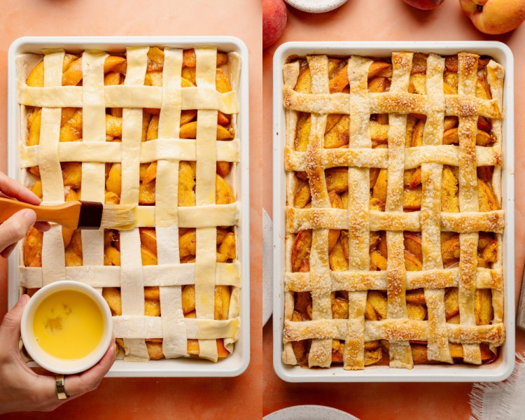 Left: A hand brushes egg wash onto the puff pastry lattice using a pastry brush, with a small bowl of egg wash nearby. Right: the slab pie is fully assembled and ready for baking, with coarse sugar sprinkled over the golden pastry lattice.