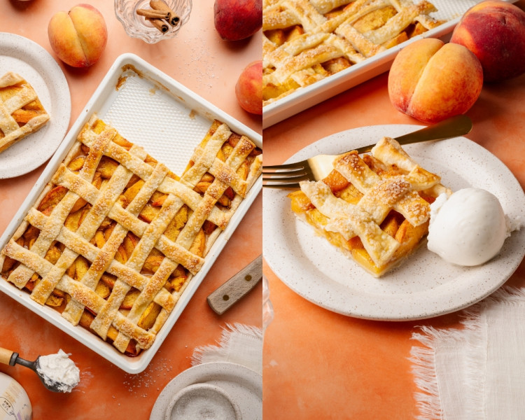 Left: A nearly full pan of baked peach slab pie with one slice removed, showing the golden brown lattice and bubbling peach filling. Right: a slice of peach slab pie served on a speckled plate with a scoop of vanilla ice cream and a gold fork, surrounded by fresh peaches.