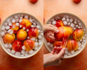 Side-by-side images of peaches in an ice water bath. On the left, whole peaches rest in ice water after blanching; on the right, a hand easily peels the skin from a cooled peach. This step demonstrates how to peel peaches for pie filling.