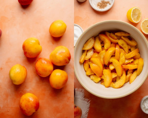 Left: freshly peeled peaches on a peach-colored surface. Right: sliced peaches in a mixing bowl, ready for the filling. Ingredients like nutmeg, sugar, and lemon are visible around the bowl.