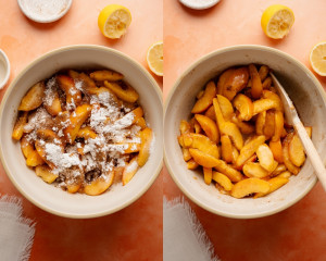 Left: sliced peaches topped with cornstarch, sugar, cinnamon, and nutmeg in a mixing bowl. Right: the ingredients are fully mixed, coating the peach slices for the slab pie filling.