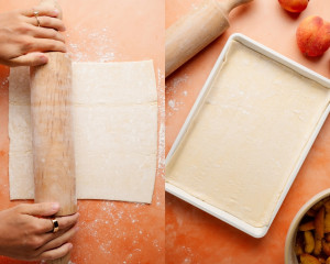 Left: puff pastry is rolled out on a floured surface with a wooden rolling pin. Right: the rolled-out pastry is fitted into a rectangular baking dish, forming the pie base.