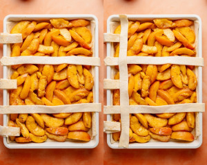 Left and right: strips of puff pastry are being placed over the peach filling in a lattice pattern, one horizontal and one vertical layer being built step by step.