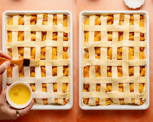 Left: a hand brushes egg wash over the lattice crust using a pastry brush. Right: the lattice is fully coated and sprinkled with coarse sugar, ready for baking.