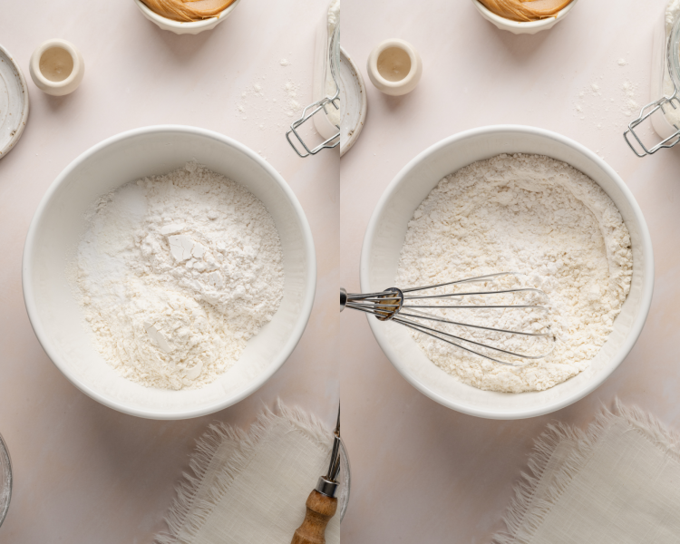 Side-by-side image of adding dry ingredients to a bowl and mixing with whisk.