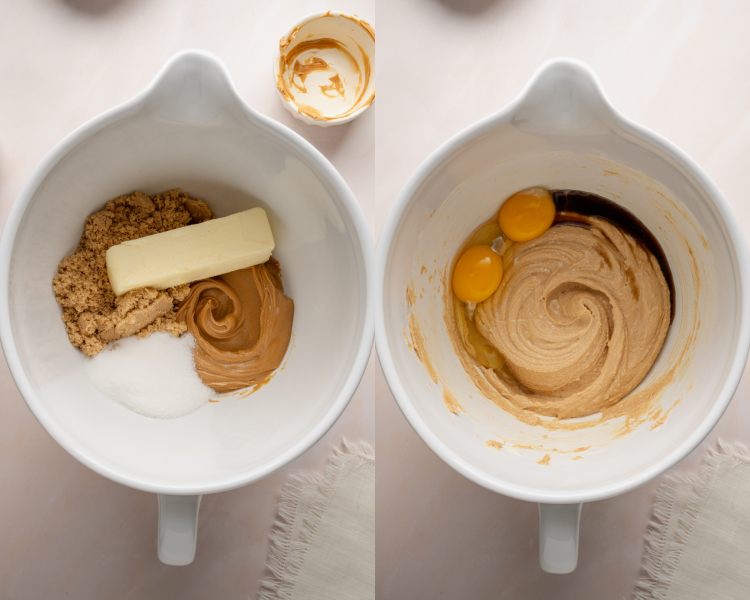 Side-by-side image of creaming butter, sugars and peanut butter together then adding eggs and vanilla.