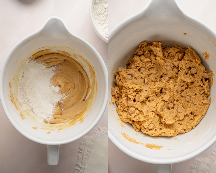 Side-by-side image of adding the dry ingredients to the wet ingredients in a mixing bowl then mixing in the peanut butter chips.