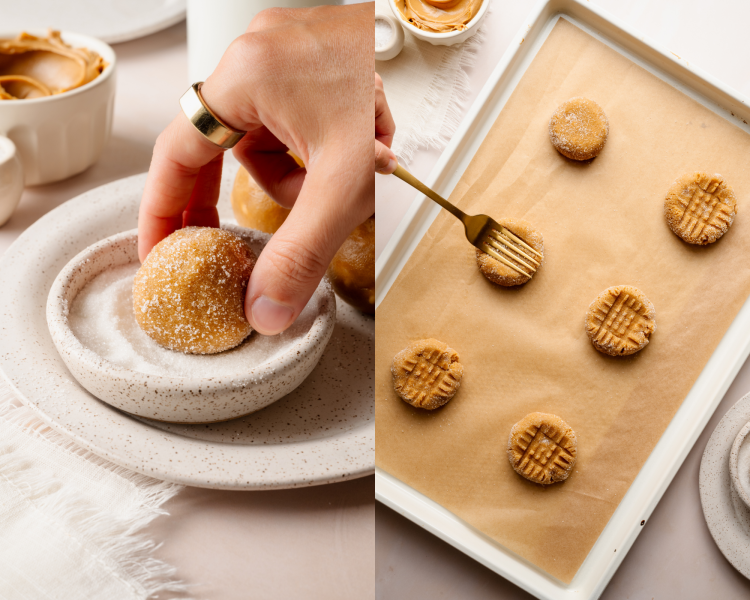 Side-by-side image of rolling cookie dough in sugar than placing on prepared baking tray and flattening with fork.