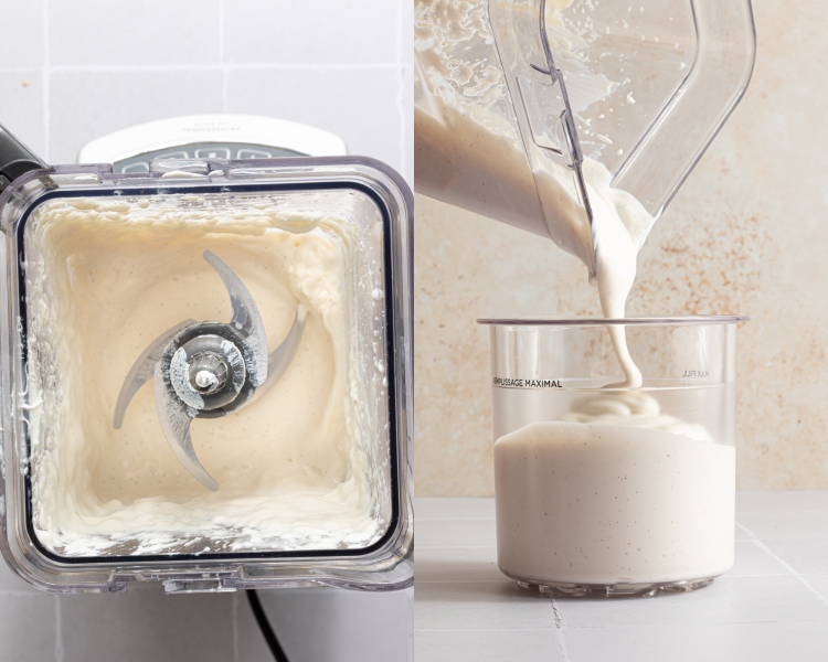 Side-by-side image of Vanilla frozen yogurt ingredients blended together in blender then being poured into a ninja creami pint container.