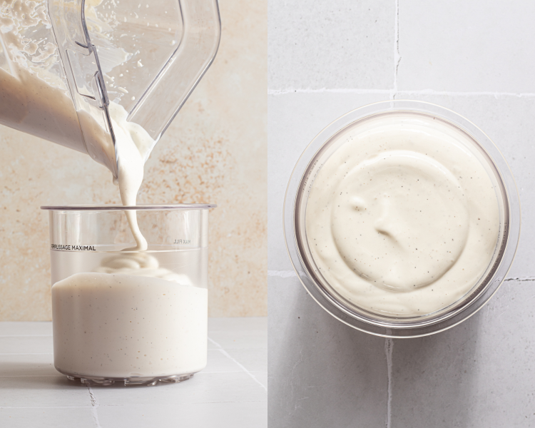 Side-by-side image of pouring vanilla frozen yogurt mixture into a pint container then an image of the pint container full of mixture.