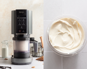 Side-by-side image of ninja creami pint container in ninja creami machine then vanilla frozen yogurt spun in pint container.