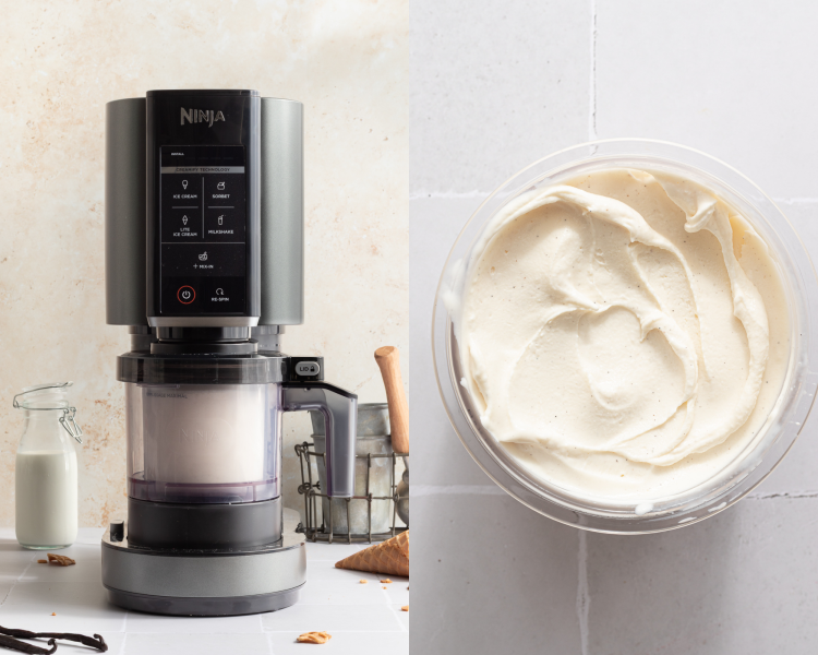 Side-by-side image of ninja creami pint container in ninja creami machine then vanilla frozen yogurt spun in pint container.