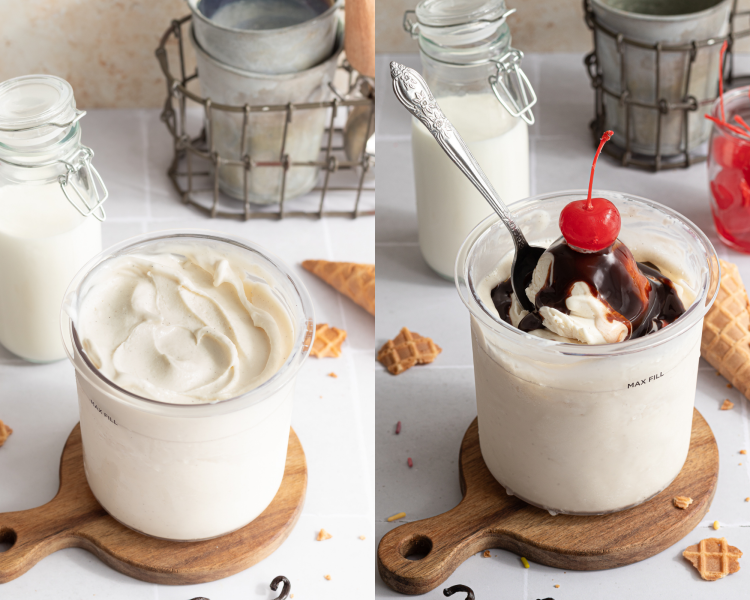 Side-by-side image of ninja creami vanilla frozen yogurt spun on frozen yogurt cycle then topped with a cherry and chocolate sauce.