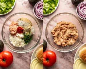 Side-by-side image of adding all the ingredients for chicken burgers into a mixing bowl and mixing until just combined.
