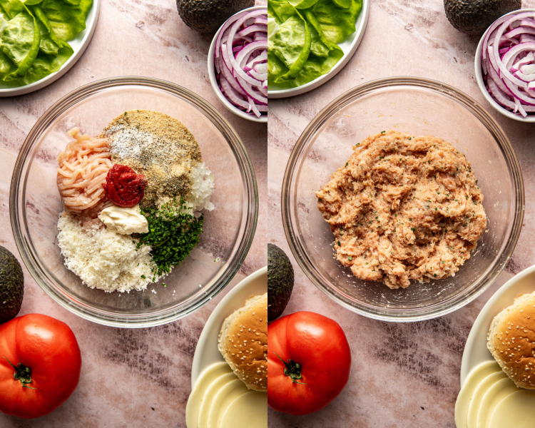 Side-by-side image of adding all the ingredients for chicken burgers into a mixing bowl and mixing until just combined.