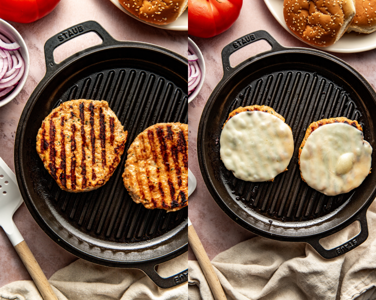 Side-by-side image of cooking chicken burgers on grill pan then adding a slice of cheese to burgers and letting it melt.