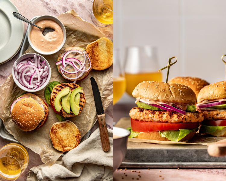 Side-by-side image of adding toppings to cooked chicken burger then fully assembled burger on tray.