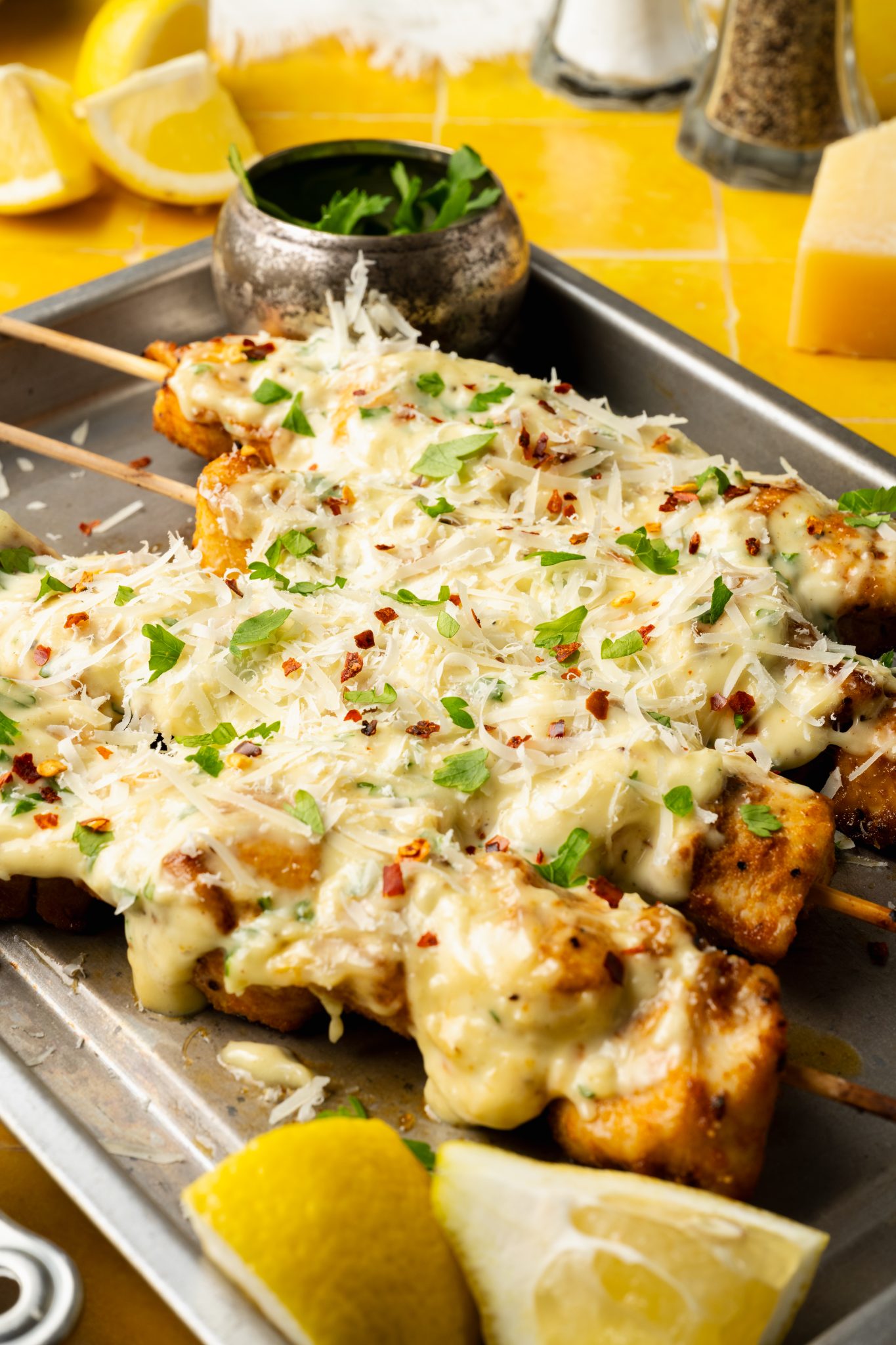 Chicken skewers fully brushed with garlic parmesan aioli and topped with shredded cheese, fresh parsley, and chili flakes on a metal sheet pan.