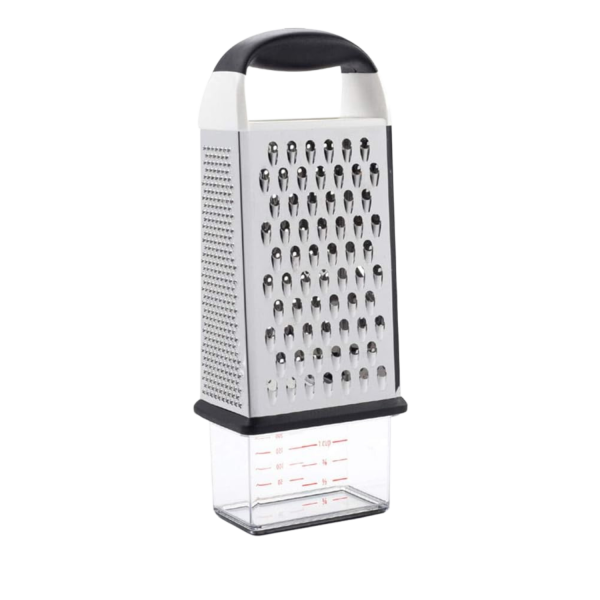 OXO silver box grater with clear cup at the bottom to collect shavings