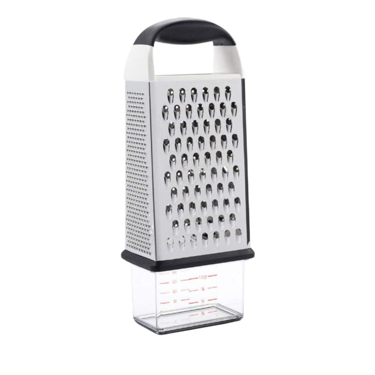 OXO silver box grater with clear cup at the bottom to collect shavings