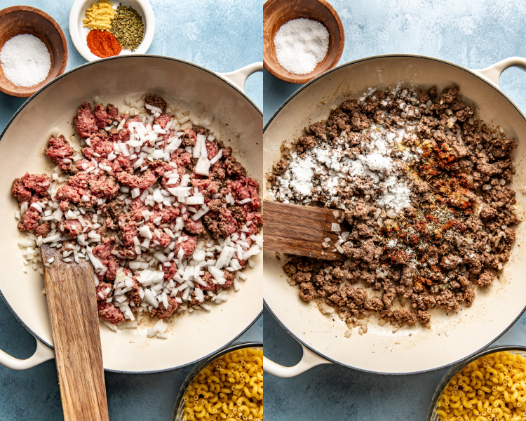 Side-by-side image of adding the ground beef and onions to a pot and then adding the seasonings to the pot.