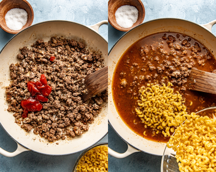 Side-by-side image of adding ketchup, dry pasta, and beef broth to pot.