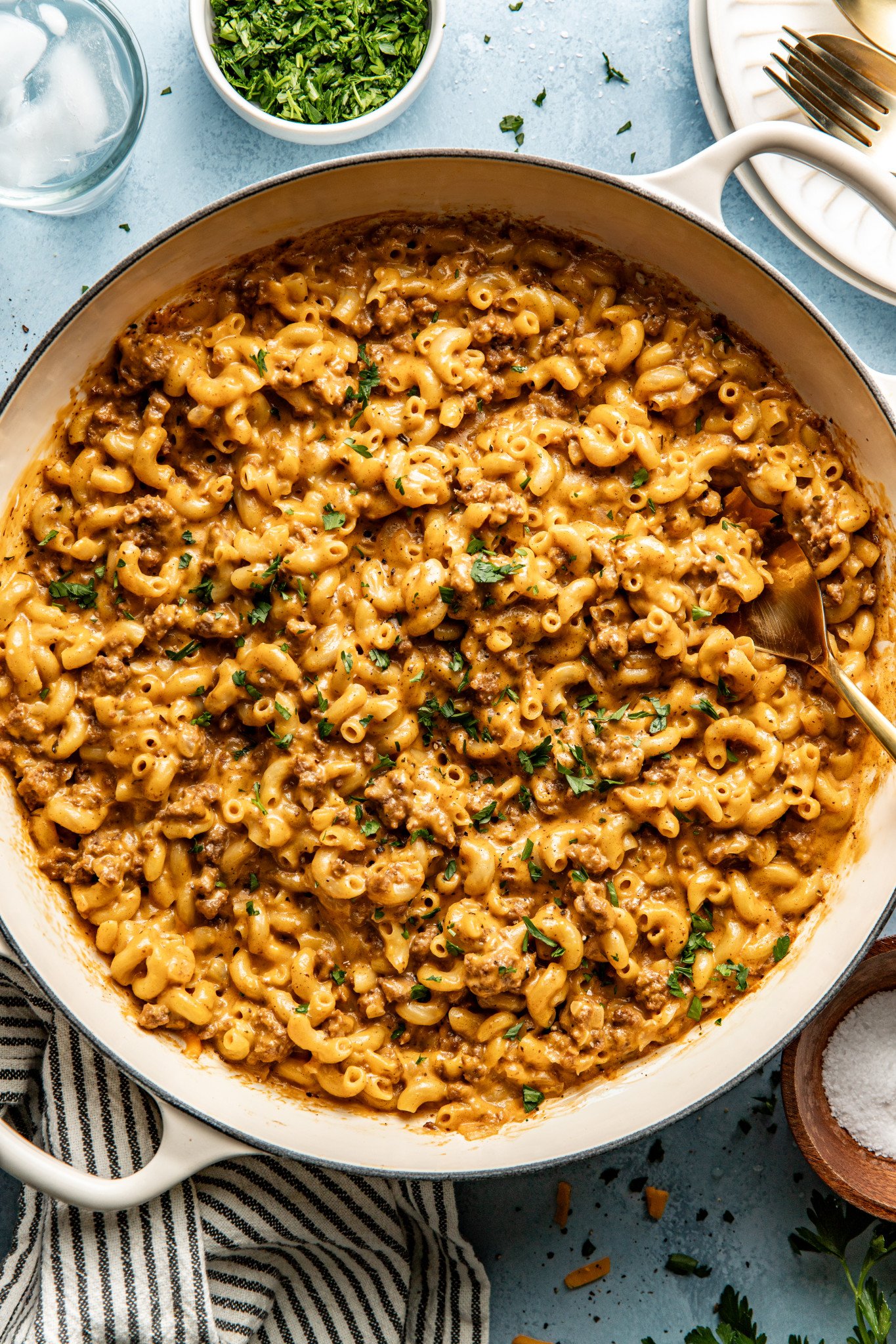 Hamburger macaroni in large pot with fork.