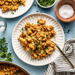 Two plates of hamburger macaroni with fork and small bowl of parsley and salt to garnish.