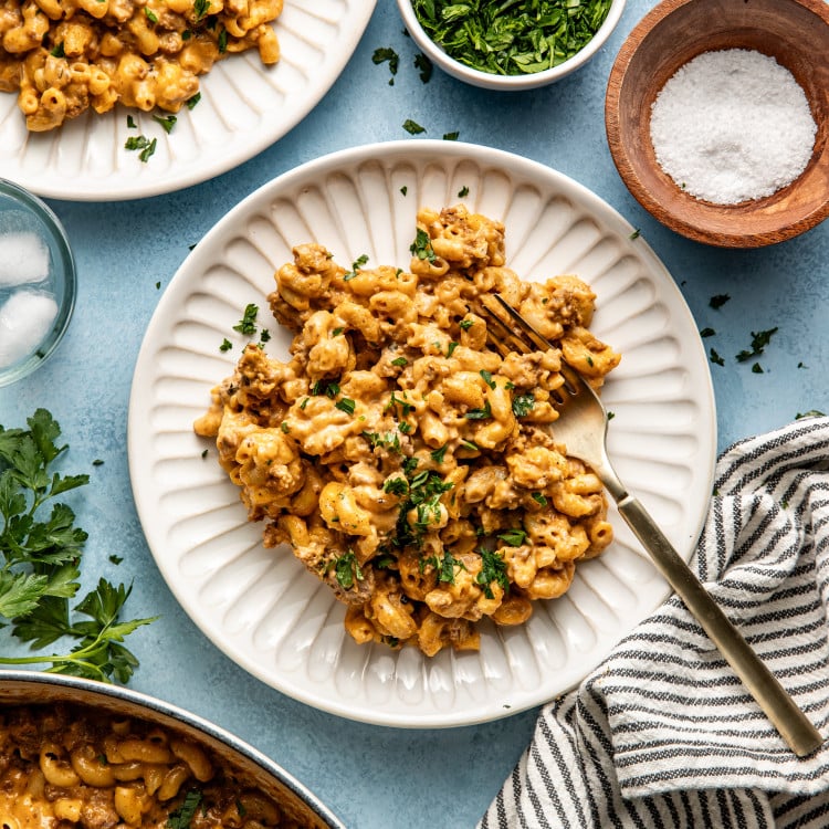 Two plates of hamburger macaroni with fork and small bowl of parsley and salt to garnish.