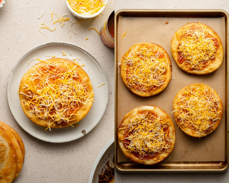 Two side-by-side images: On the left, the top tortilla layer is covered with enchilada or taco sauce and a pile of shredded Mexican cheese. On the right, four assembled pizzas sit on a baking sheet, each topped with sauce and shredded cheese, ready for baking.