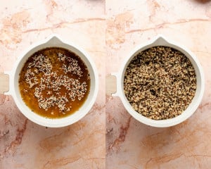 A white pot filled with vegetable broth and uncooked tri-color quinoa, sitting on a pink marble surface, next to an image of the same pot now filled with fully cooked, fluffy quinoa.