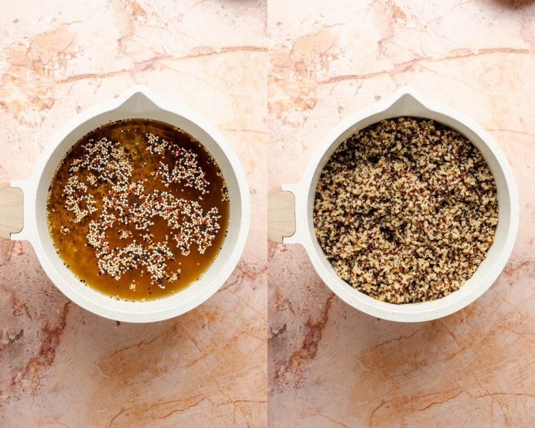 A white pot filled with vegetable broth and uncooked tri-color quinoa, sitting on a pink marble surface, next to an image of the same pot now filled with fully cooked, fluffy quinoa.