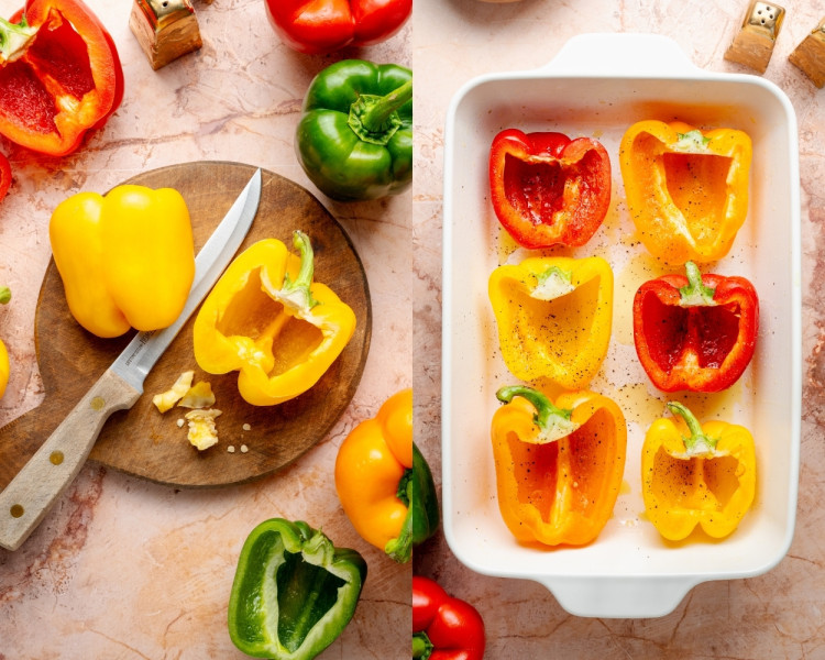 Two side-by-side images: the left shows colorful bell peppers being sliced in half on a wooden board with a knife; the right shows the halved peppers arranged cut-side up in a white baking dish, seasoned with oil, salt, and pepper.