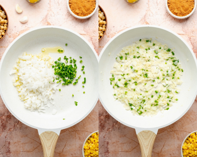 A side-by-side image of a white skillet: the left shows raw diced white onion and chopped jalapeño in olive oil, while the right shows them softened and sautéed.
