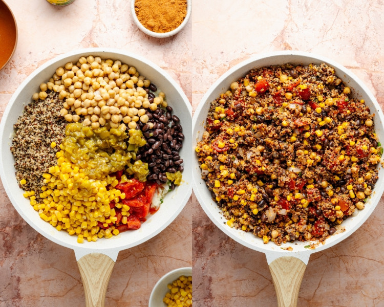 Left image shows a large white skillet filled with quinoa, black beans, chickpeas, corn, diced tomatoes, and green chiles. The right image shows everything mixed together into a colorful, hearty filling.