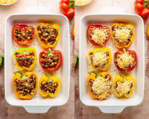 A side-by-side photo of the bell peppers in a white baking dish: the left shows them filled with the quinoa and bean mixture, and the right shows them topped generously with shredded cheese before baking.