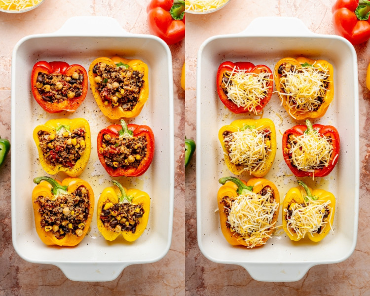 A side-by-side photo of the bell peppers in a white baking dish: the left shows them filled with the quinoa and bean mixture, and the right shows them topped generously with shredded cheese before baking.